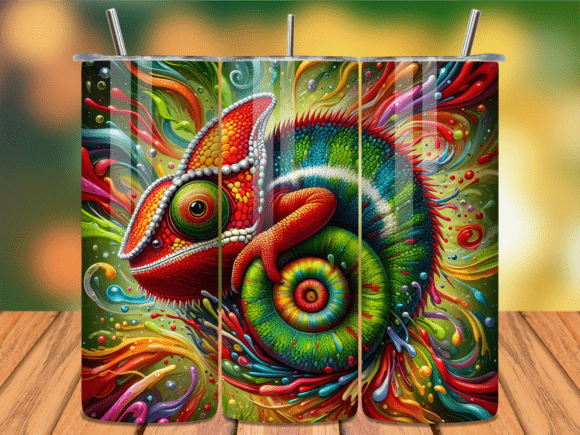 Vibrant 3D Chameleon Art Tumbler Wrap Design